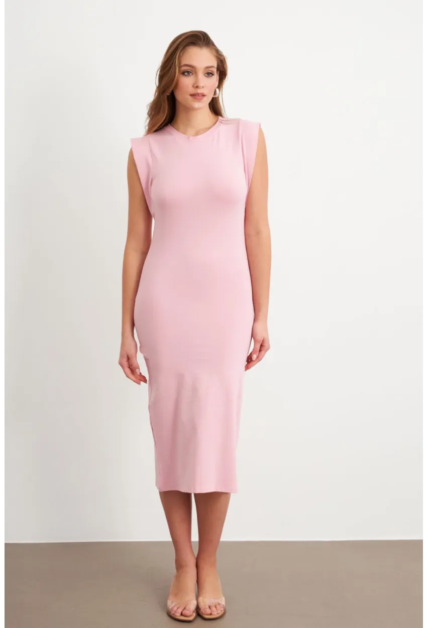 Kadın Pudra Kolsuz Basic Midi Elbise FLU7109
