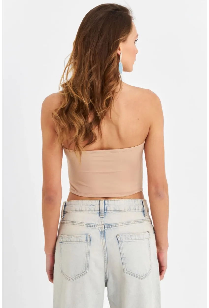 Kadın Pudra Straplez Crop Bluz B6081