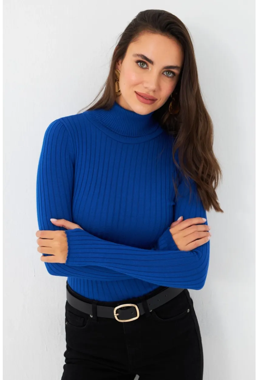 Kadın Saks Balıkçı Yaka Triko Bluz YV102-90