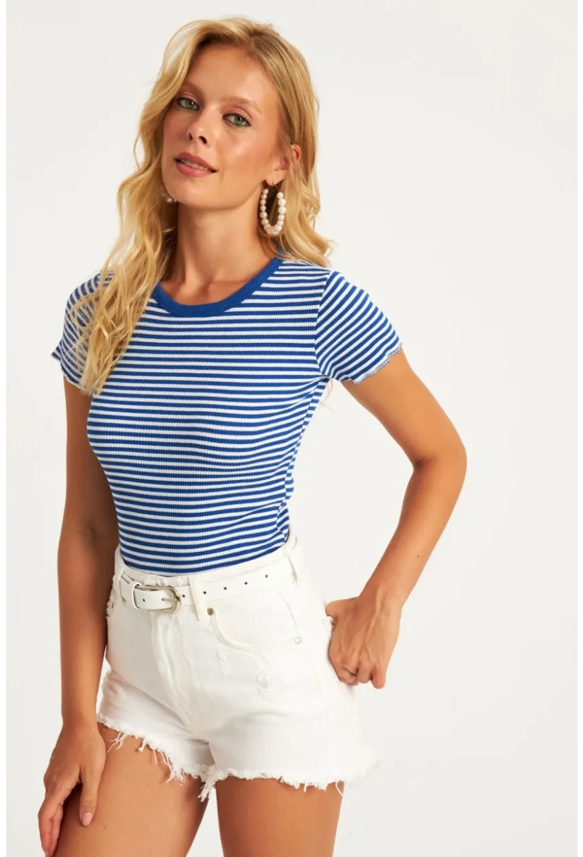 Kadın Saks-Beyaz Çizgili Bluz XL2005