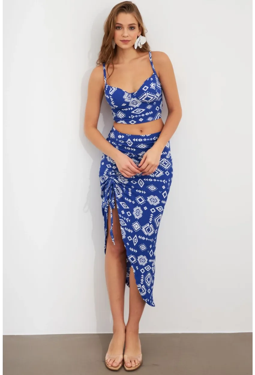 Kadın Saks Büzülebilir Etekli Takım LİT1048