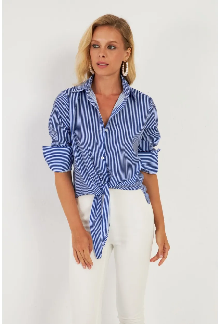 Kadın Saks Çizgili Gömlek ZER408