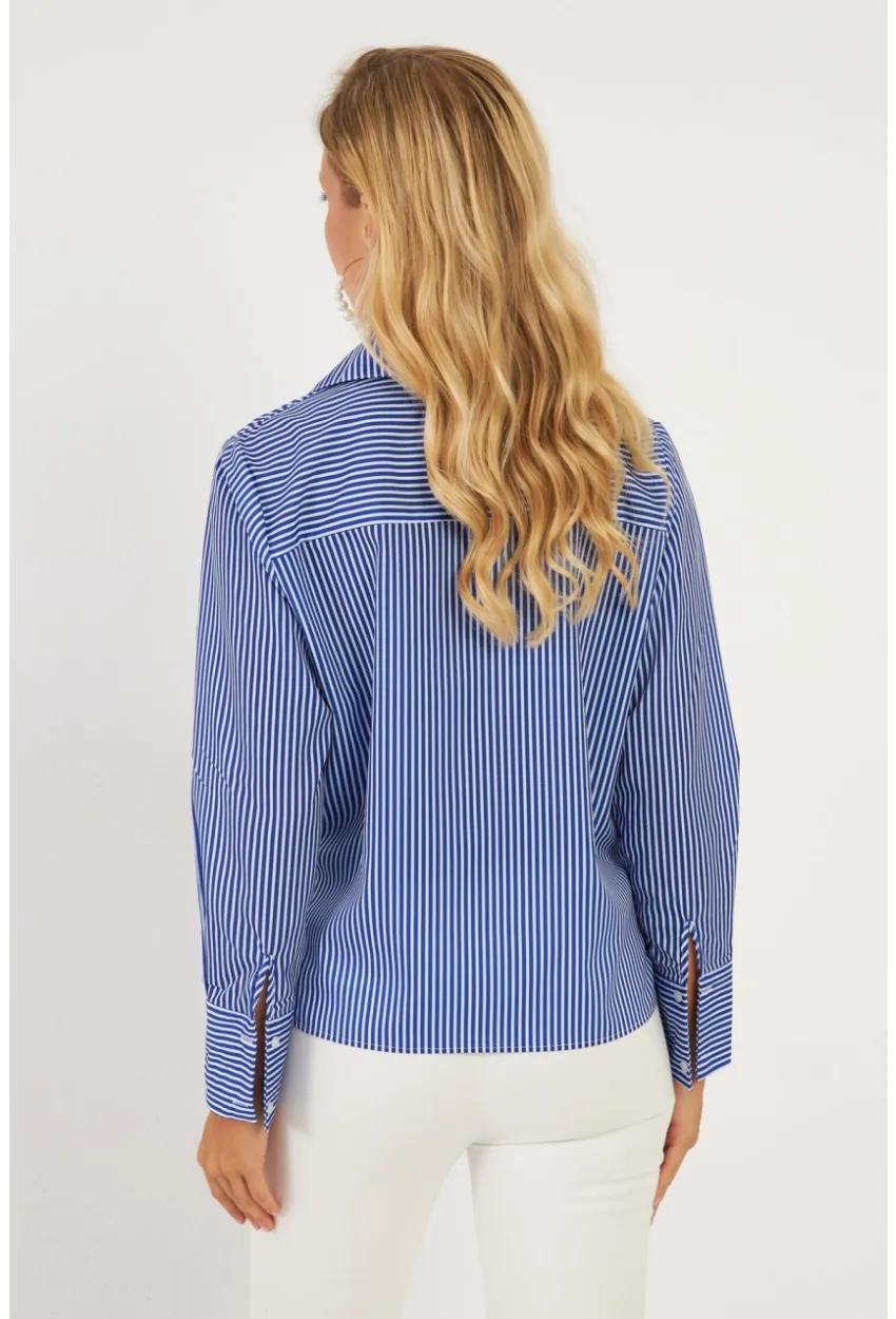 Kadın Saks Çizgili Gömlek ZER408