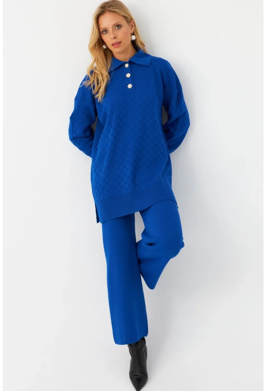 Kadın Saks İnci Düğmeli Triko Alt Üst Takım MNUV33