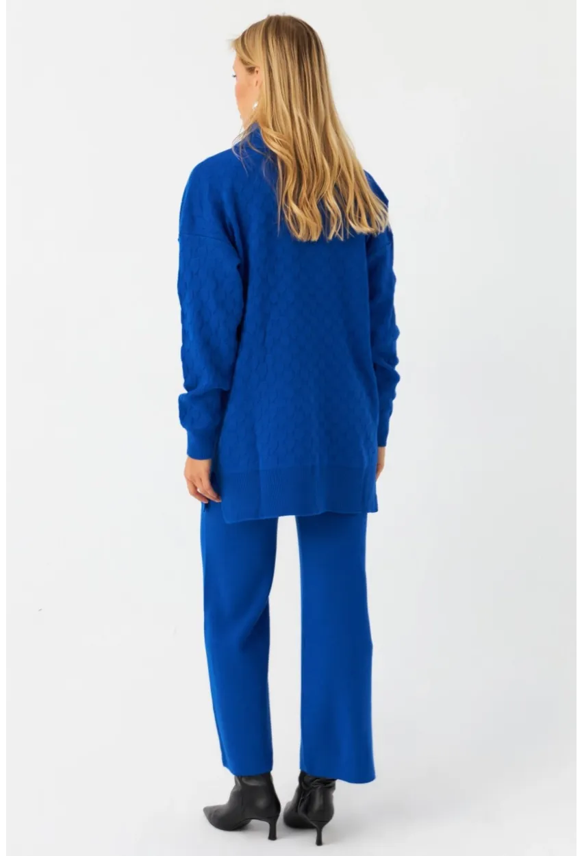 Kadın Saks İnci Düğmeli Triko Alt Üst Takım MNUV33