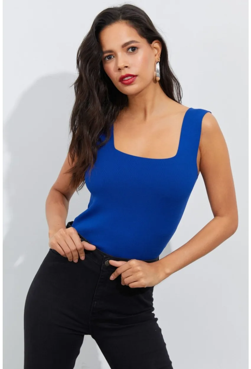 Kadın Saks Kare Yaka Triko Bluz YV87