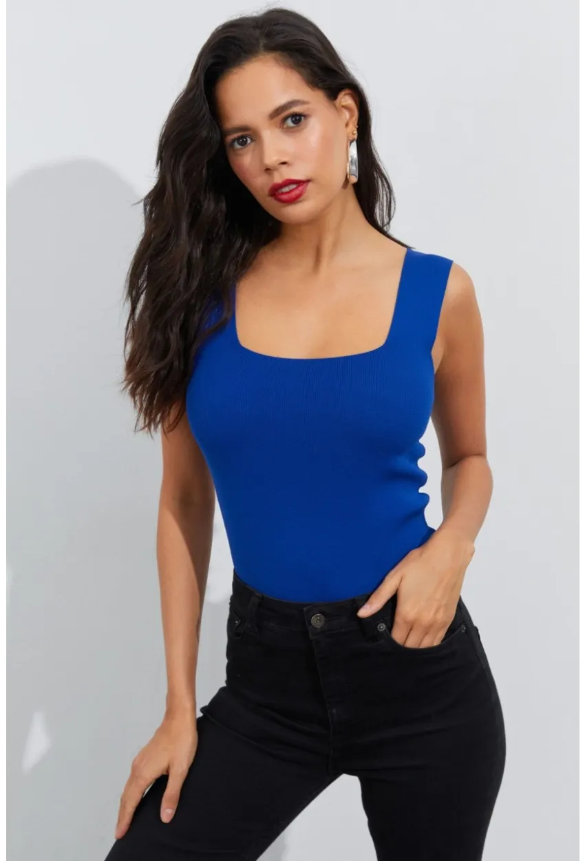 Kadın Saks Kare Yaka Triko Bluz YV87