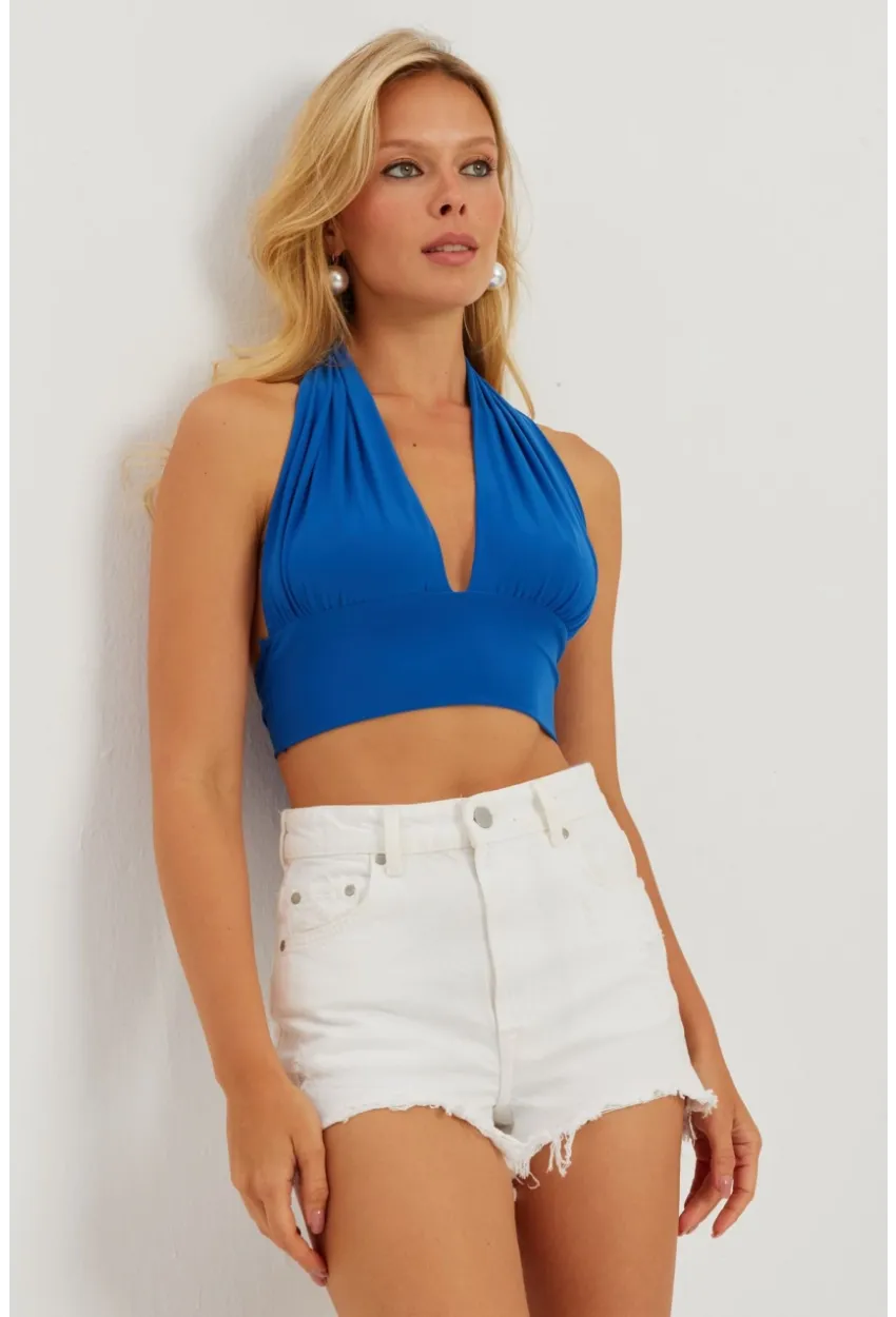 Kadın Saks Multi Bağlamalı Crop Bluz LPP1280