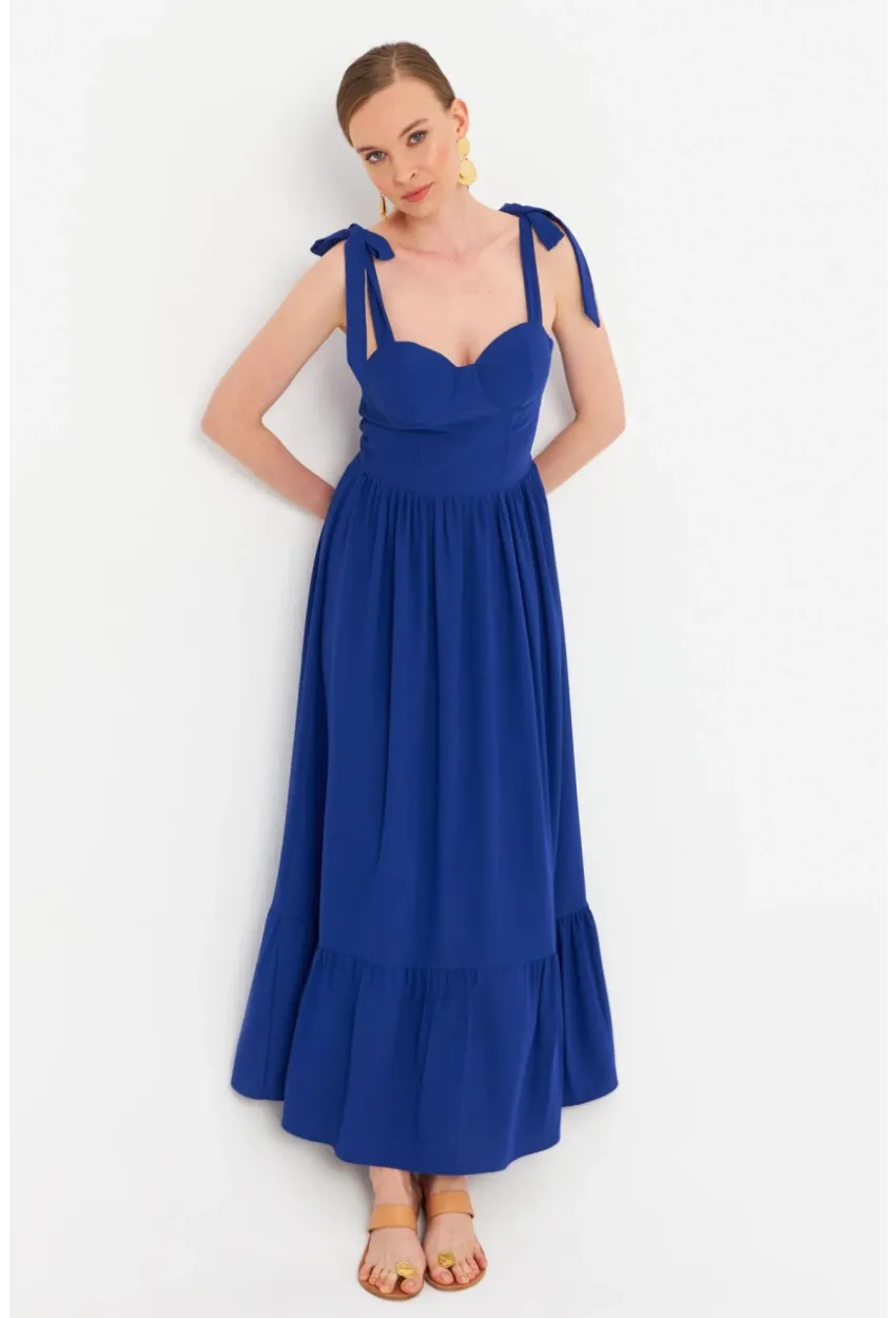 Kadın Saks Pileli Maxi Elbise ERL100