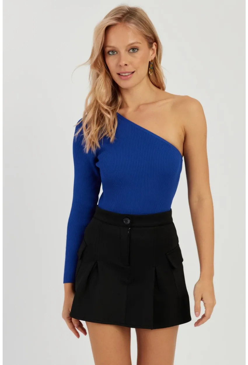 Kadın Saks Tek Omuz Triko Bluz YV204