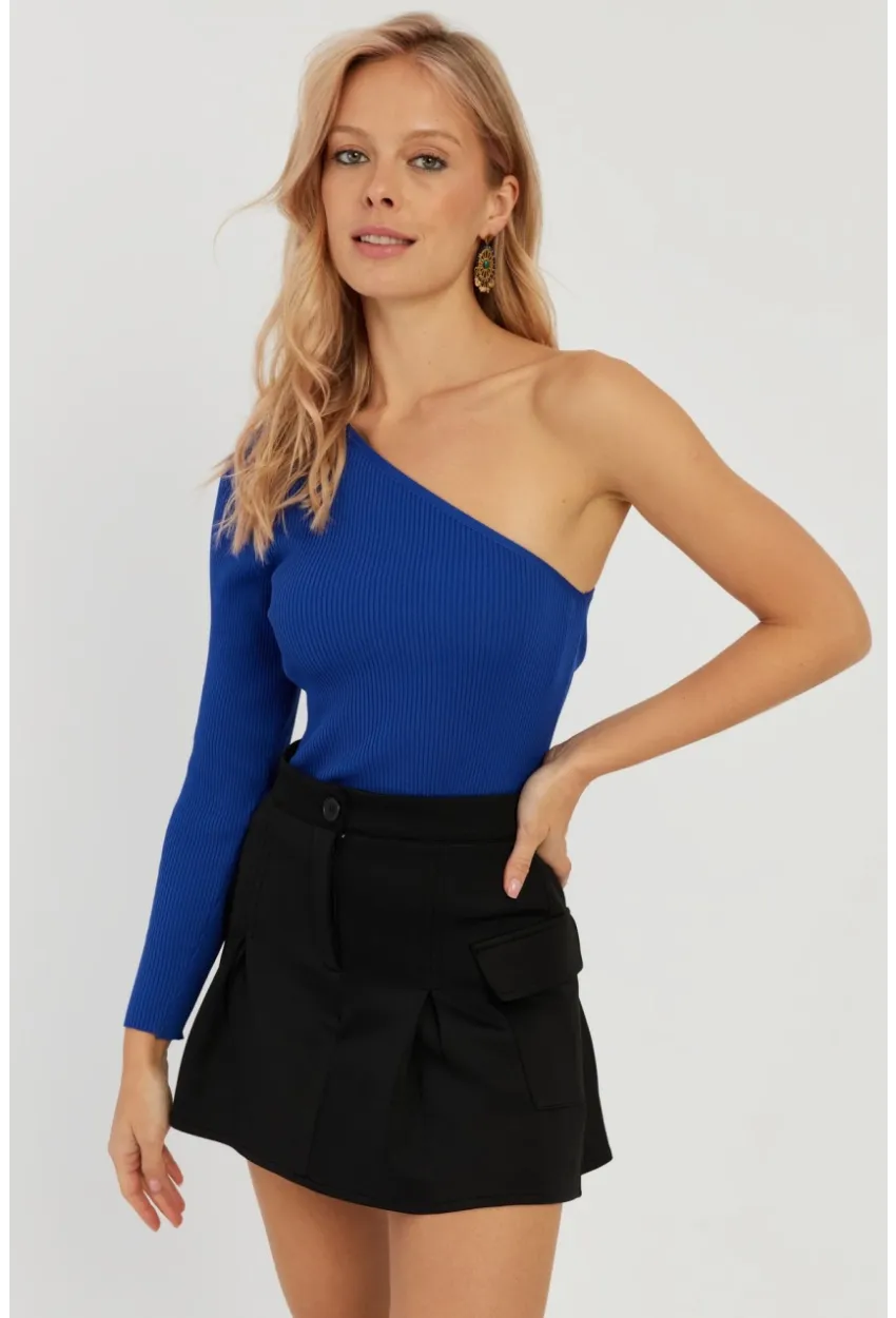 Kadın Saks Tek Omuz Triko Bluz YV204