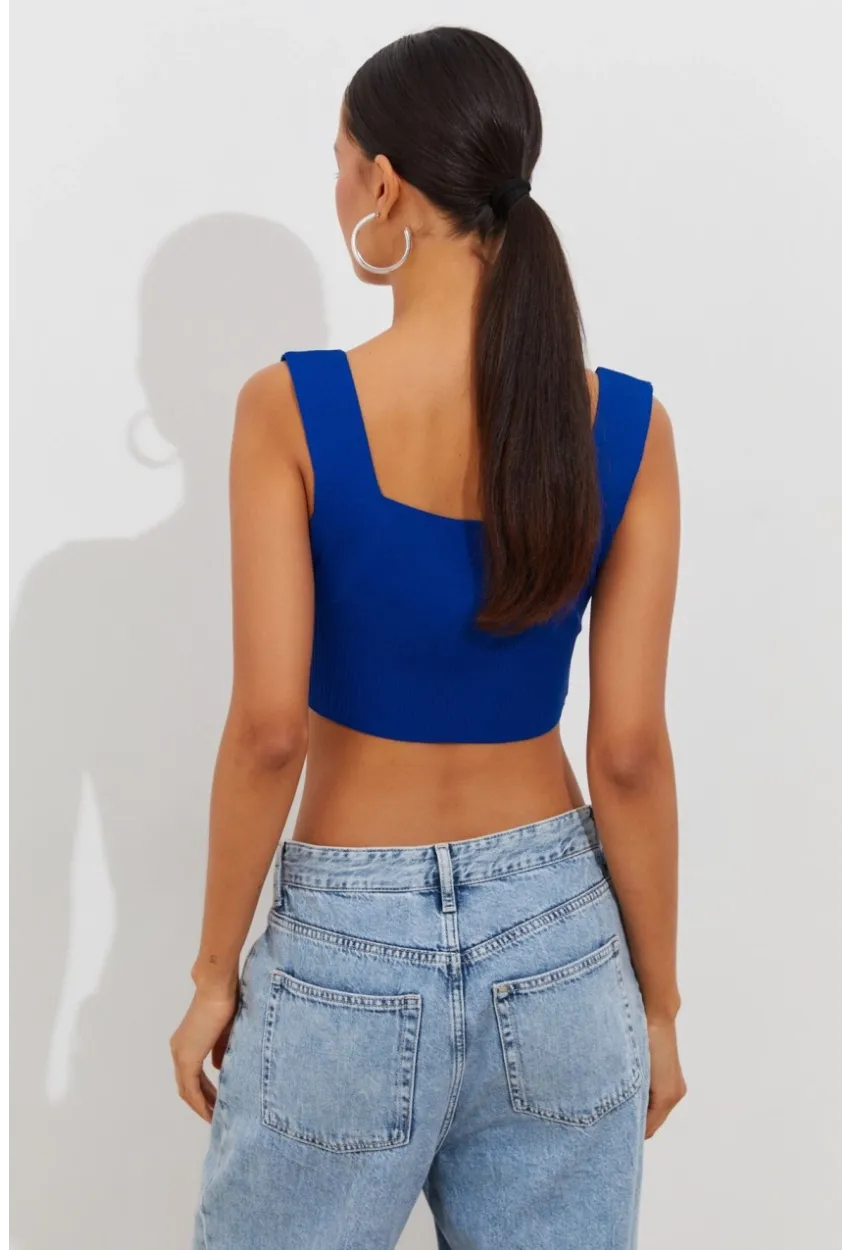 Kadın Saks Triko Crop Atlet YV118