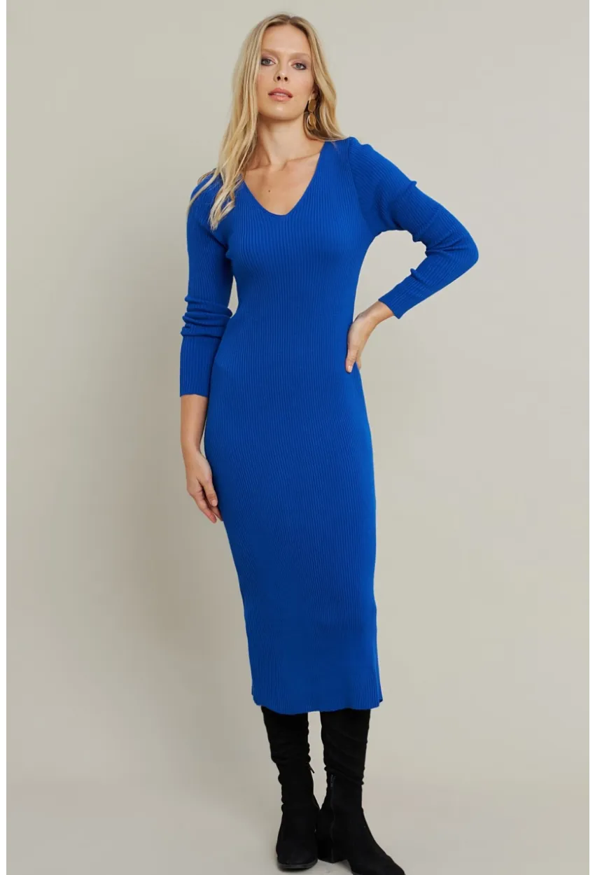 Kadın Saks V Yaka Triko Midi Elbise MYİL560