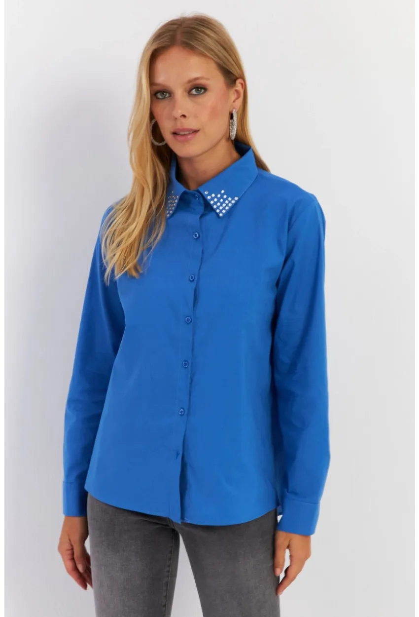 Kadın Saks Yakası Taşlı Gömlek MZER413