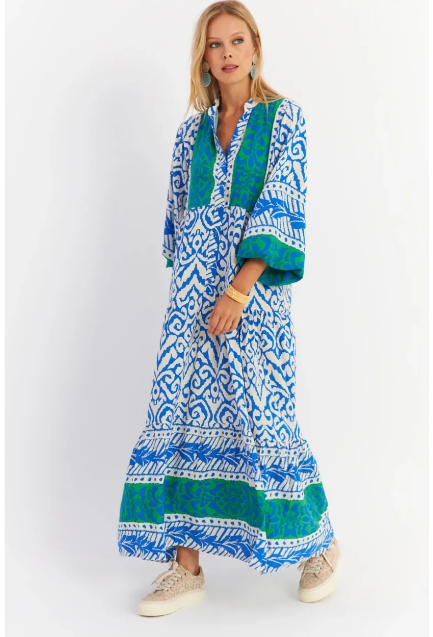 Kadın Saks-Yeşil Volanlı Maxi Elbise MALO11