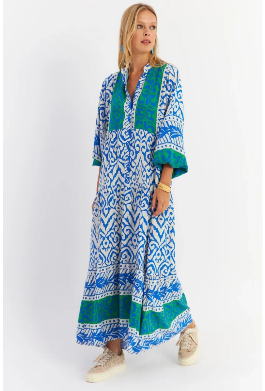 Kadın Saks-Yeşil Volanlı Maxi Elbise MALO11