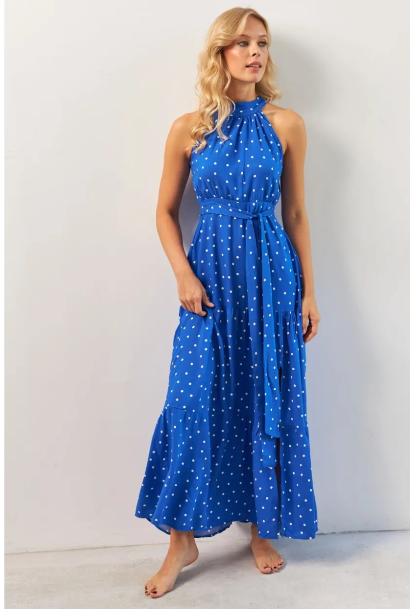 Kadın Saks Yırtmaçlı Puantiyeli Midi Elbise KED4233