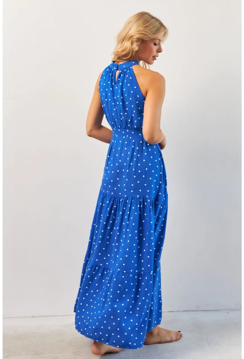 Kadın Saks Yırtmaçlı Puantiyeli Midi Elbise KED4233