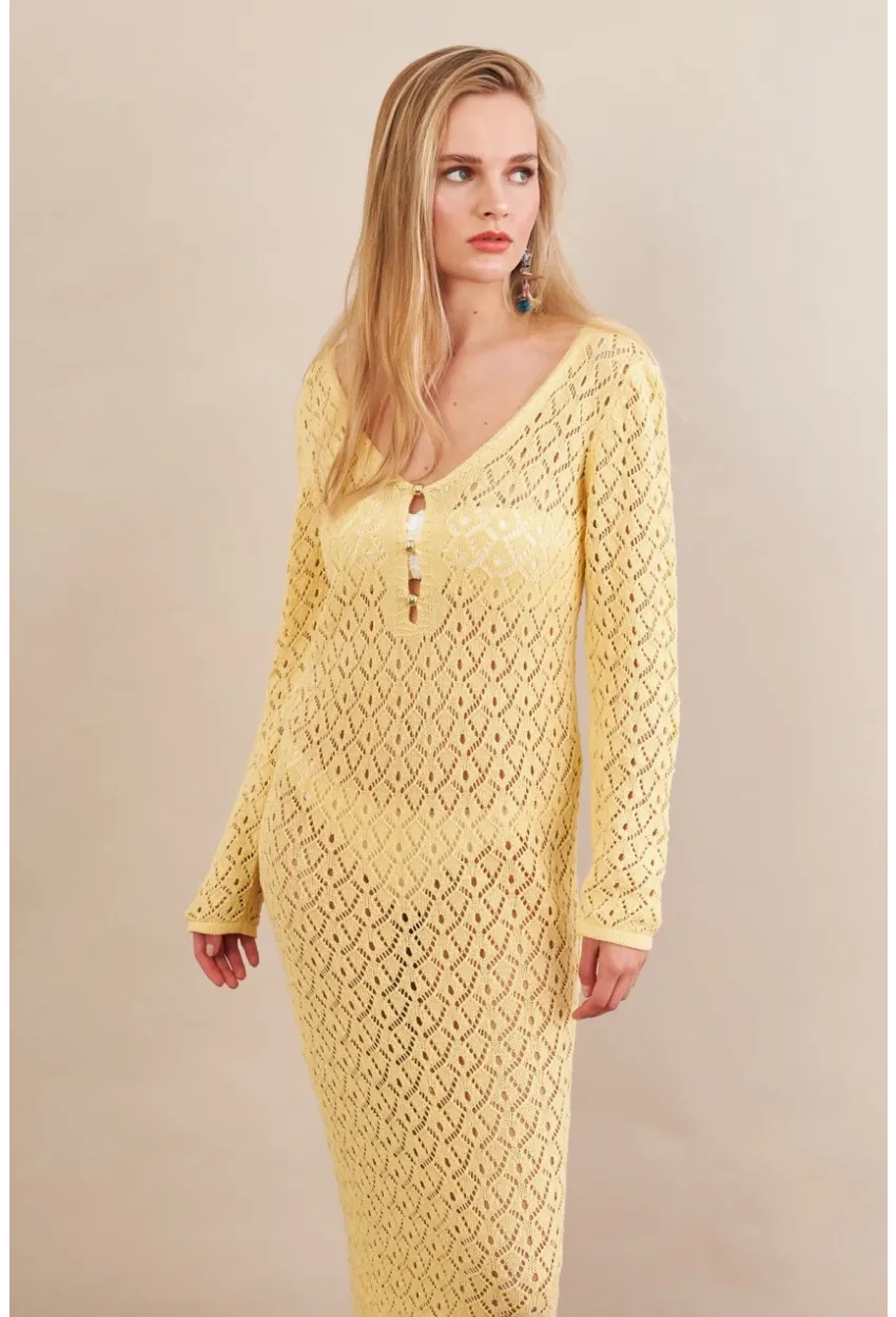 Kadın Sarı Aksesuarlı Triko Plaj Elbisesi KZ3237-90