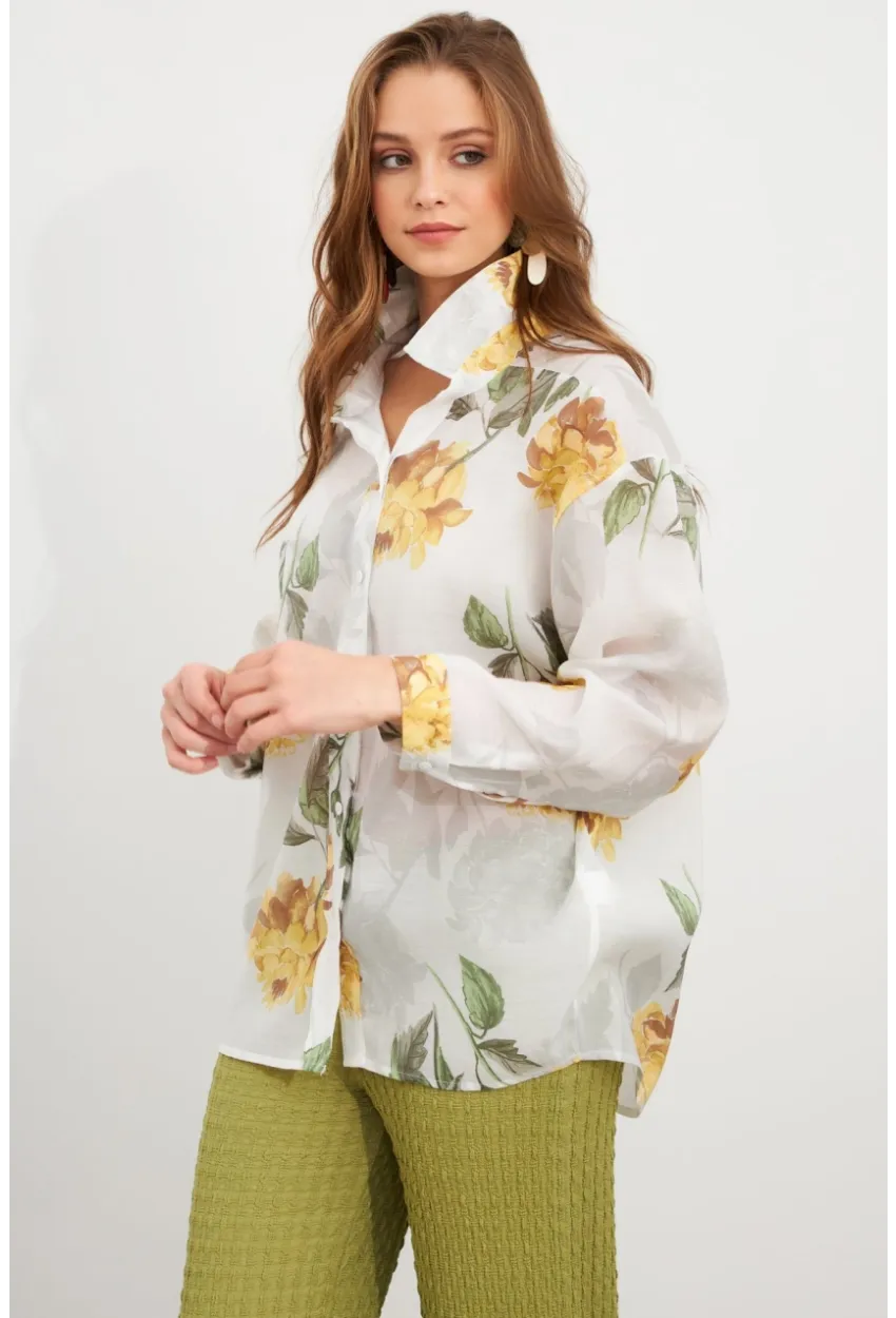 Kadın Sarı Çiçek Desenli İnce Keten Gömlek MCAR1068