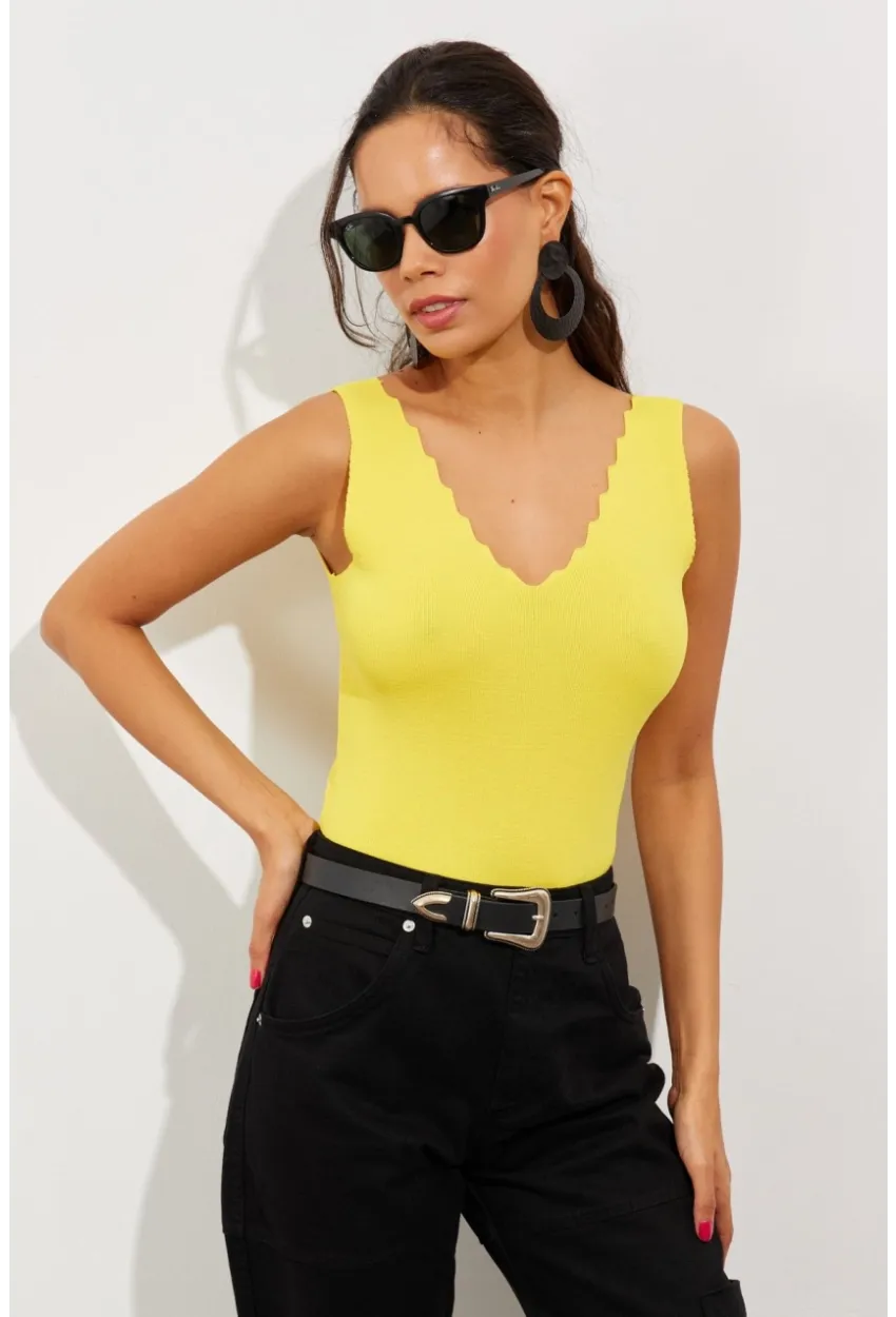 Kadın Sarı Merdiven Yaka Triko Bluz YV83