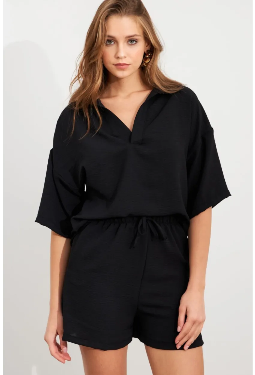 Kadın Siyah Aerobin Şort Takım Q1005