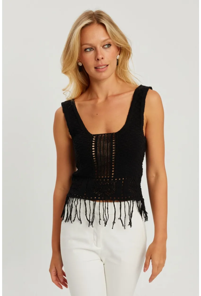 Kadın Siyah Ajurlu Püsküllü Triko Bluz YV228