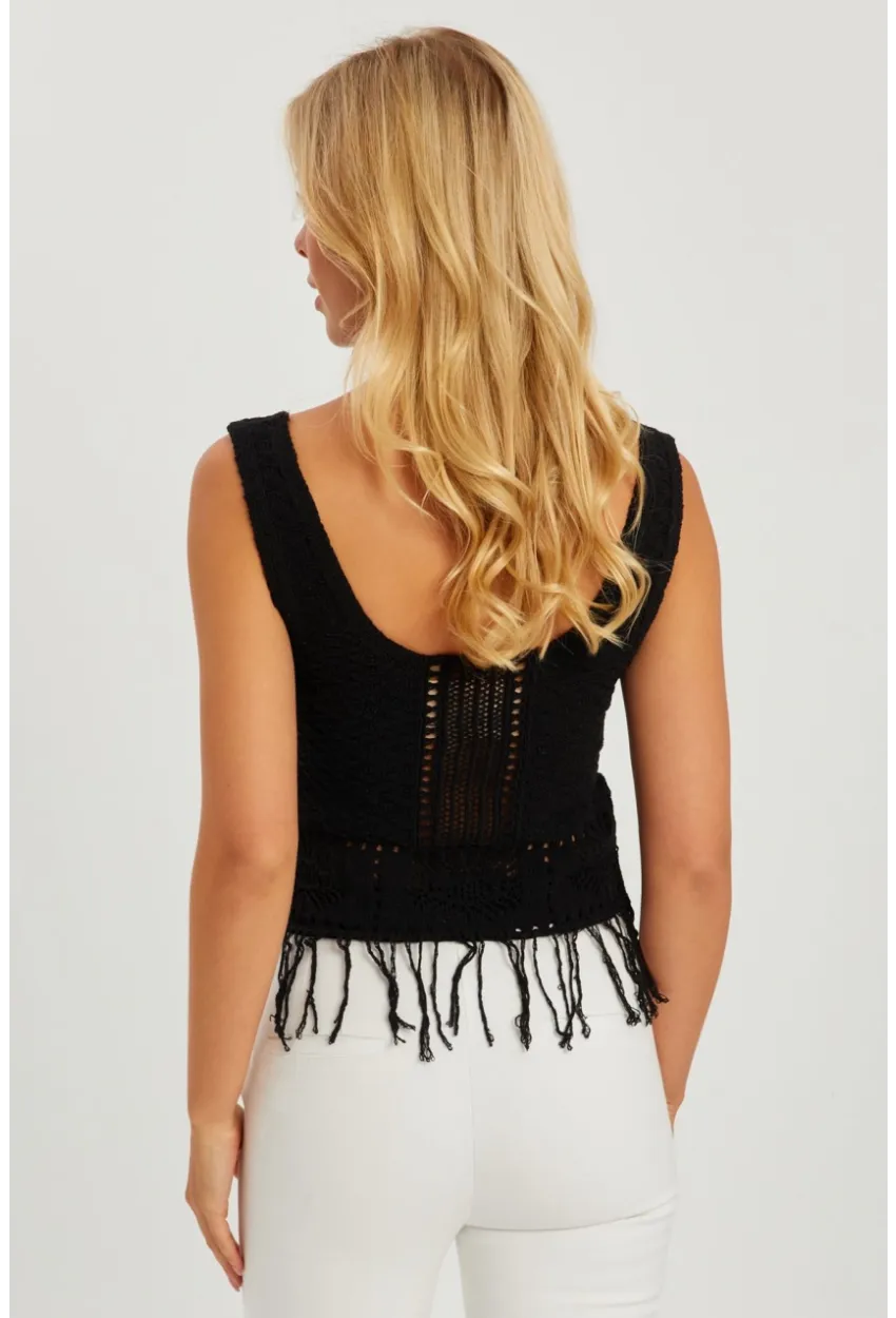 Kadın Siyah Ajurlu Püsküllü Triko Bluz YV228