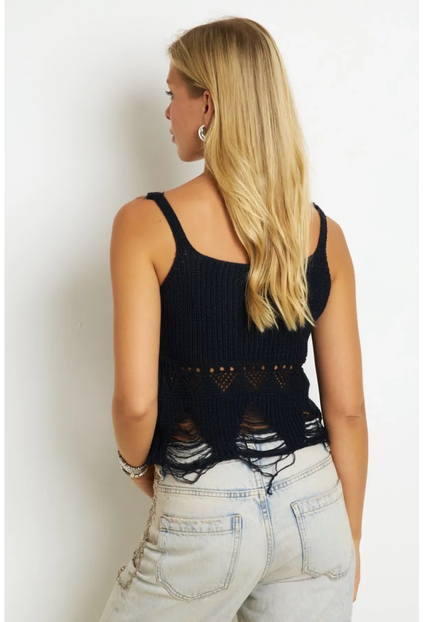 Kadın Siyah Ajurlu Triko Bluz KAZ08