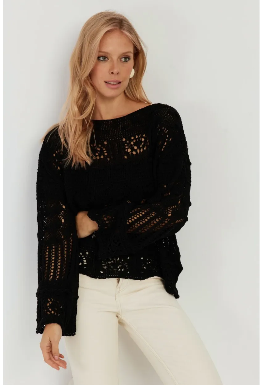 Kadın Siyah Ajurlu Triko Bluz YZ620