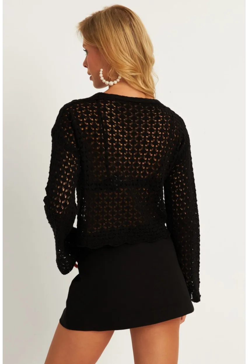 Kadın Siyah Ajurlu Triko Hırka YV248