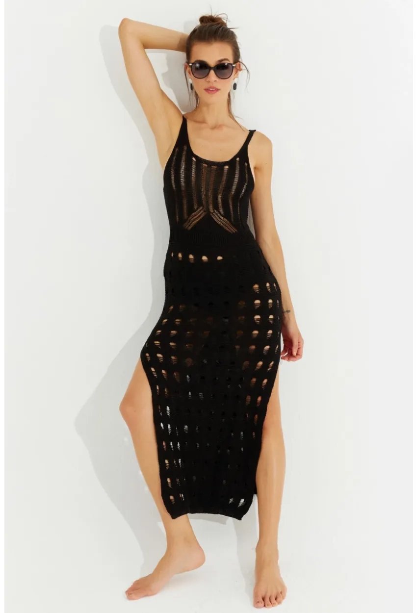 Kadın Siyah Ajurlu Triko Maxi Elbise SF2504