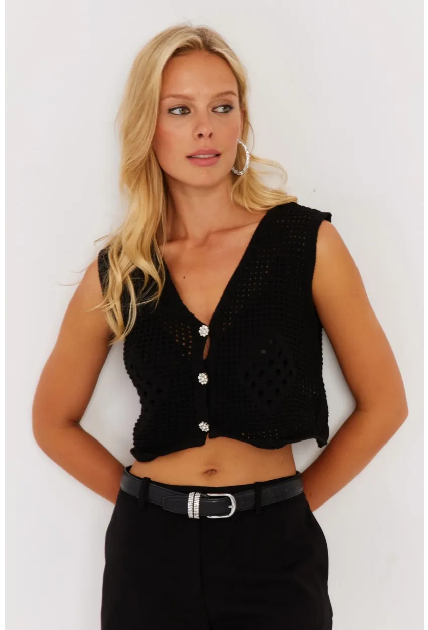 Kadın Siyah Ajurlu Triko Yelek YZ627