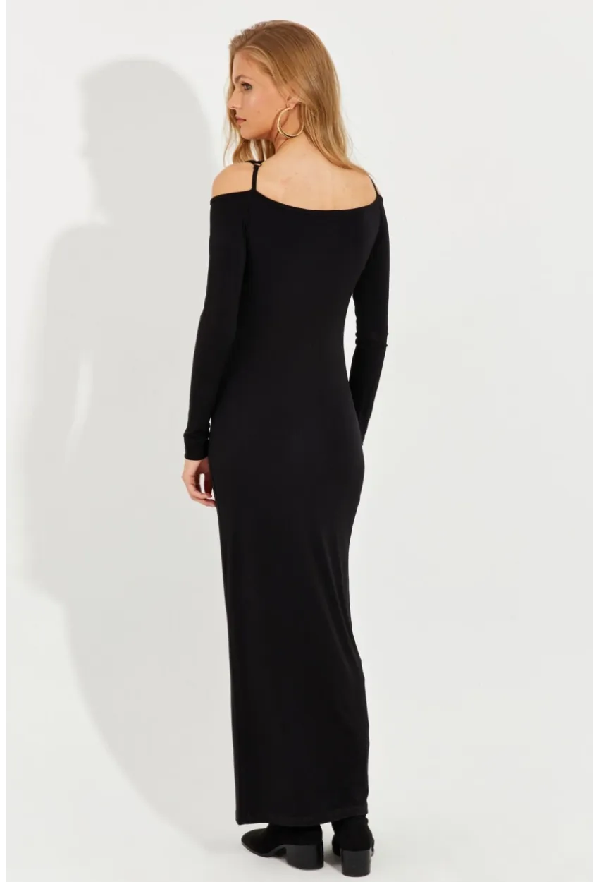 Kadın Siyah Aksesuar Detaylı Midi Elbise MEN2016