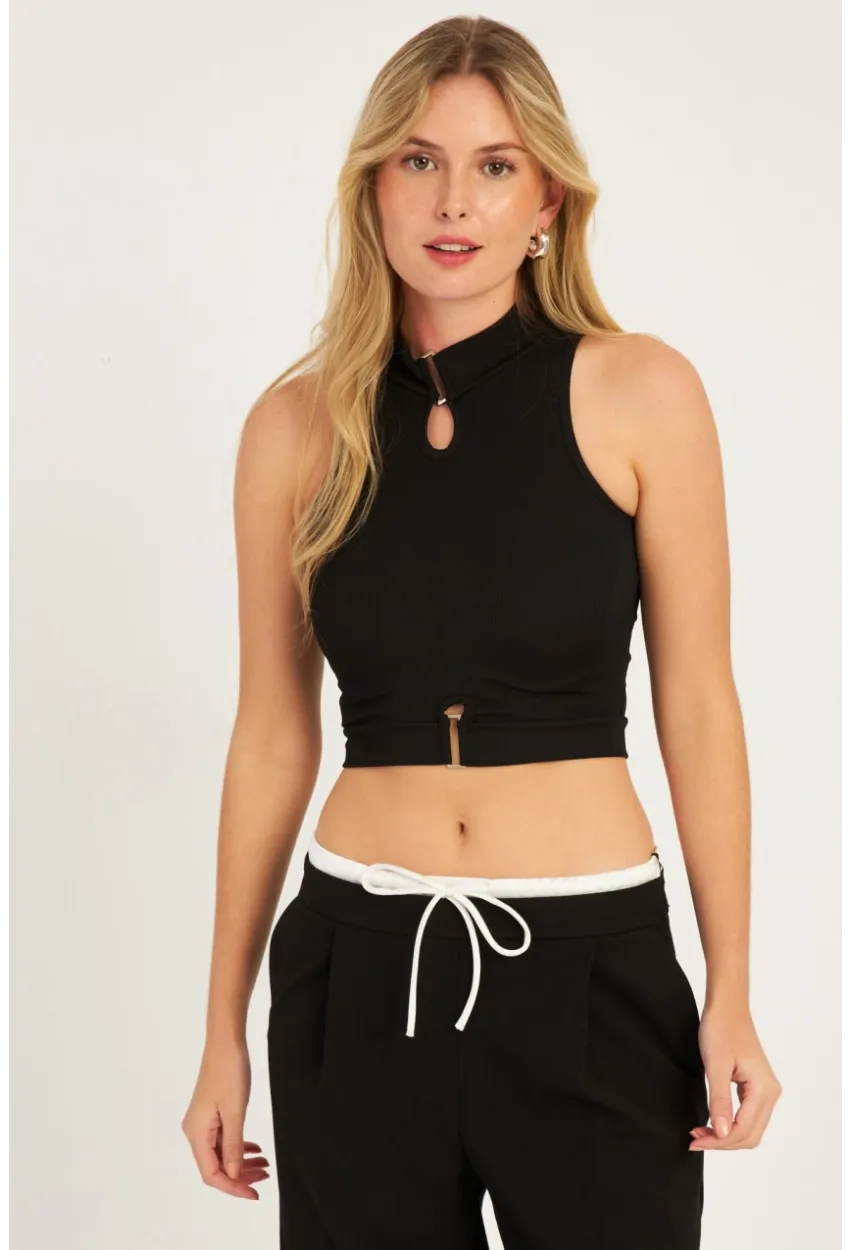 Kadın Siyah Aksesuarlı Crop Bluz CG340