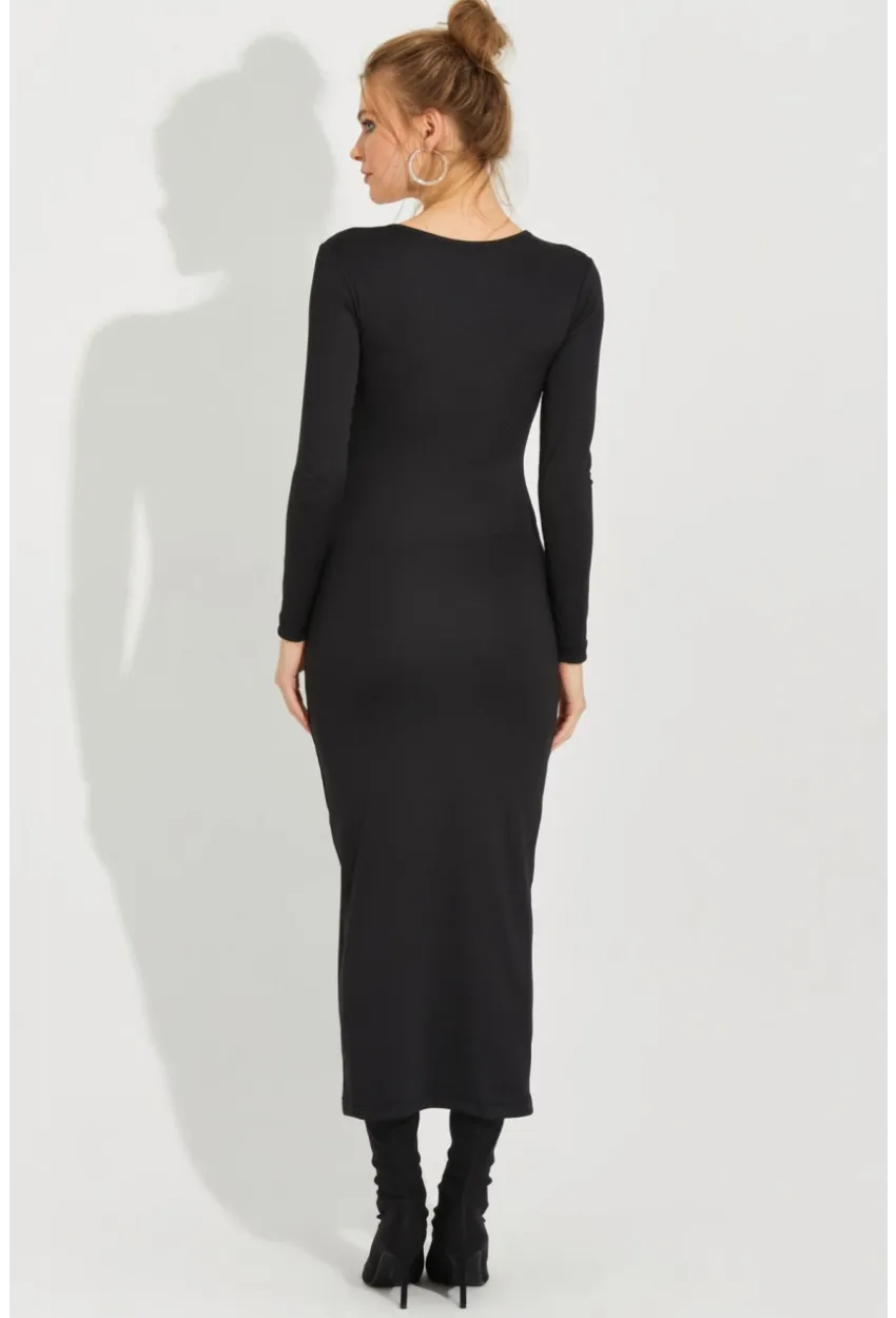 Kadın Siyah Aksesuarlı Midi Elbise EY2591