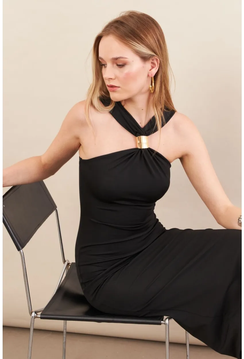 Kadın Siyah Aksesuarlı Midi Elbise İRE101