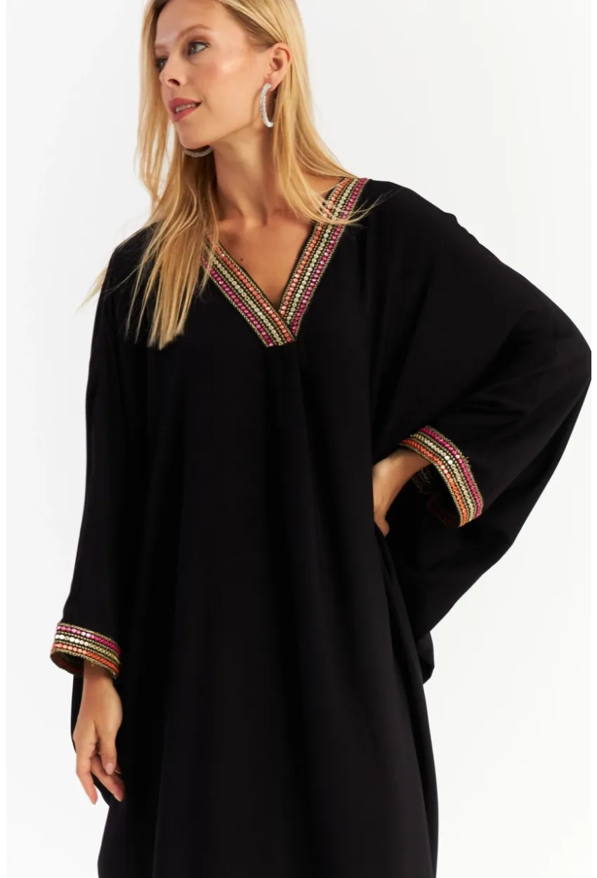 Kadın Siyah Aksesuarlı Şeritli Maxi Elbise ALO12