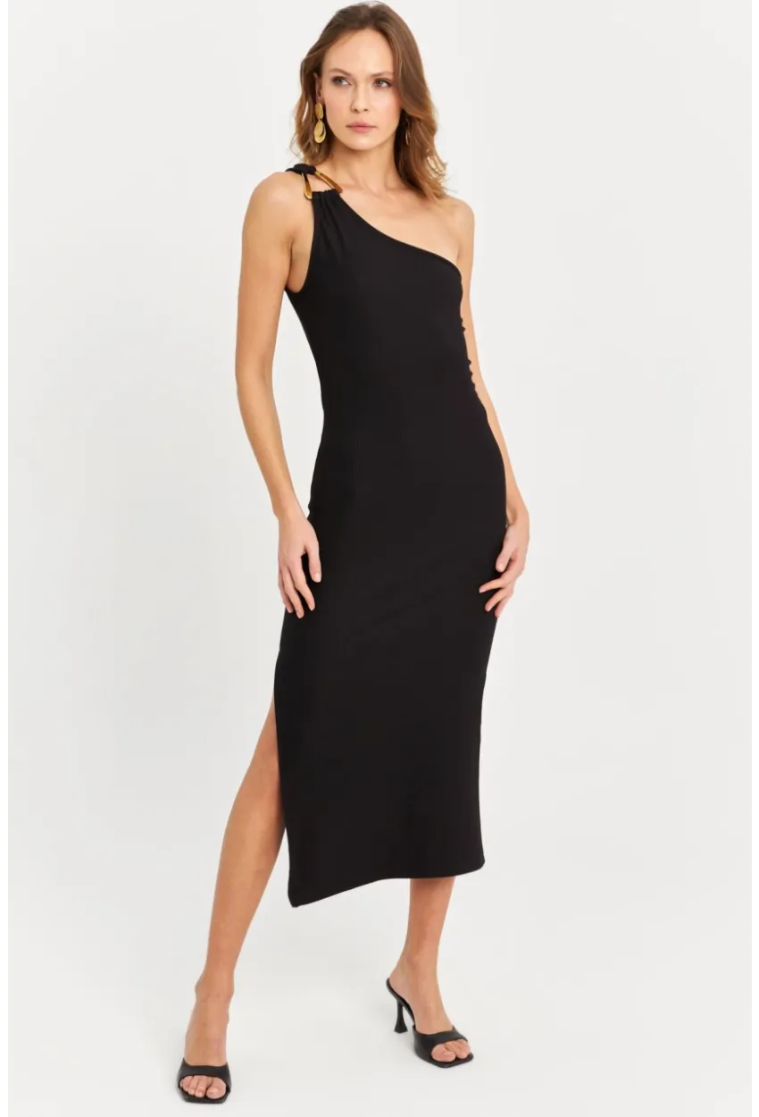 Kadın Siyah Aksesuarlı Tek Omuz Midi Elbise MOD1866