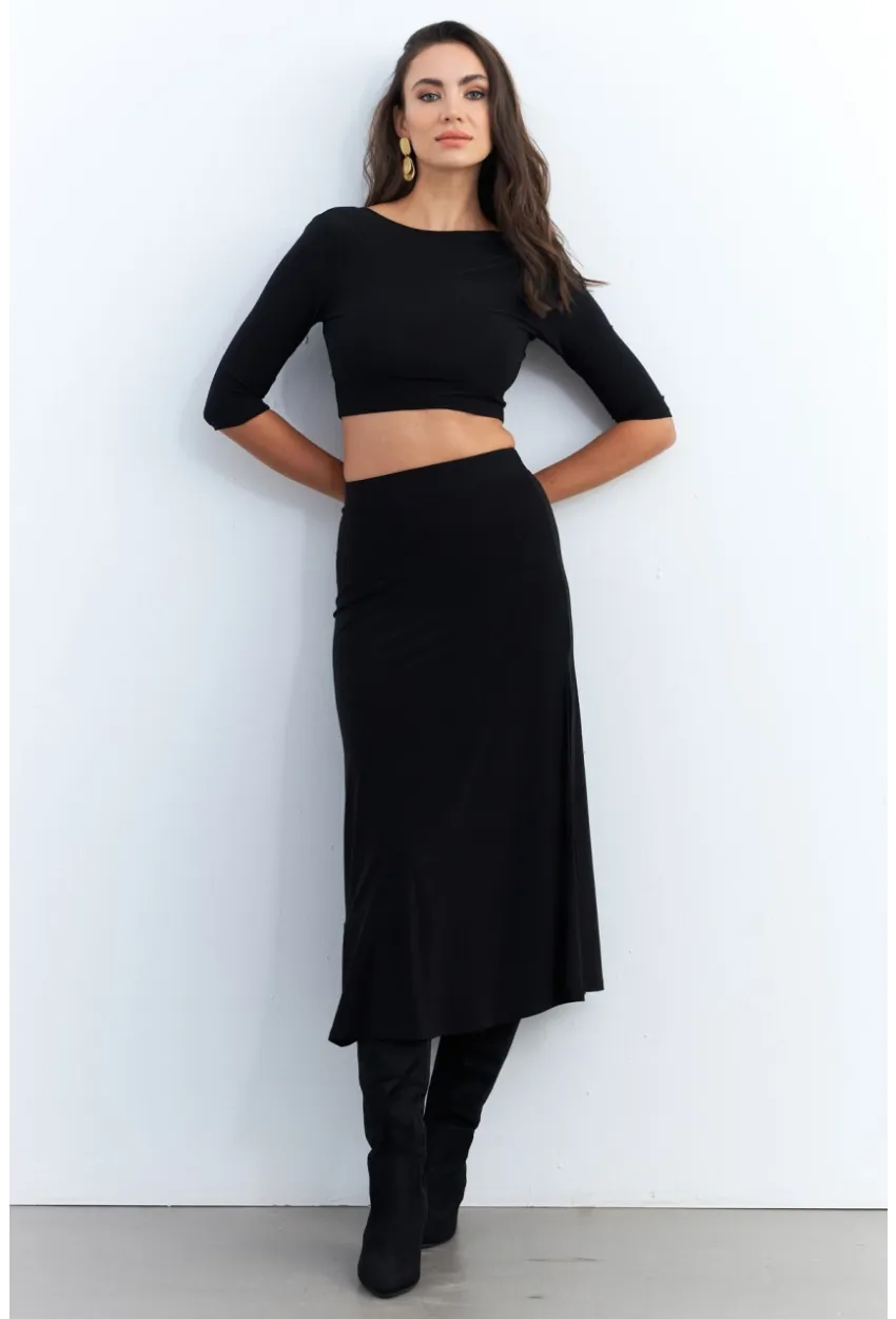 Kadın Siyah Alt Üst Crop Etek Takım ELT3844