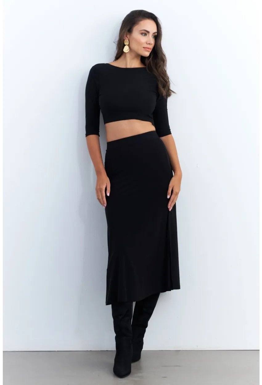 Kadın Siyah Alt Üst Crop Etek Takım ELT3844