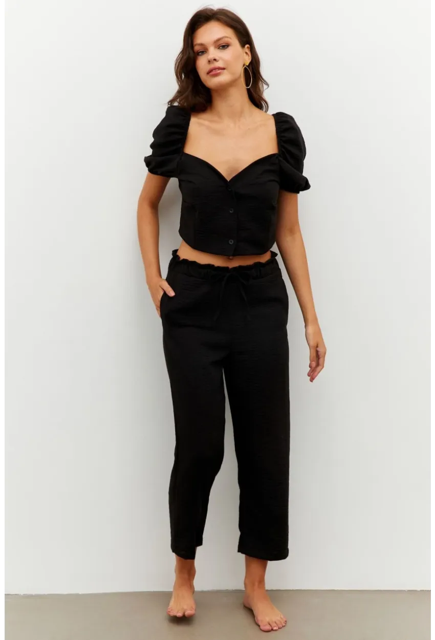 Kadın Siyah Alt-Üst Keten Takım PP7440