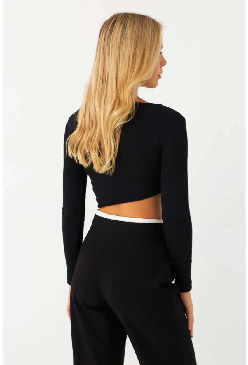 Kadın Siyah Asimetrik Crop Bluz EY2997