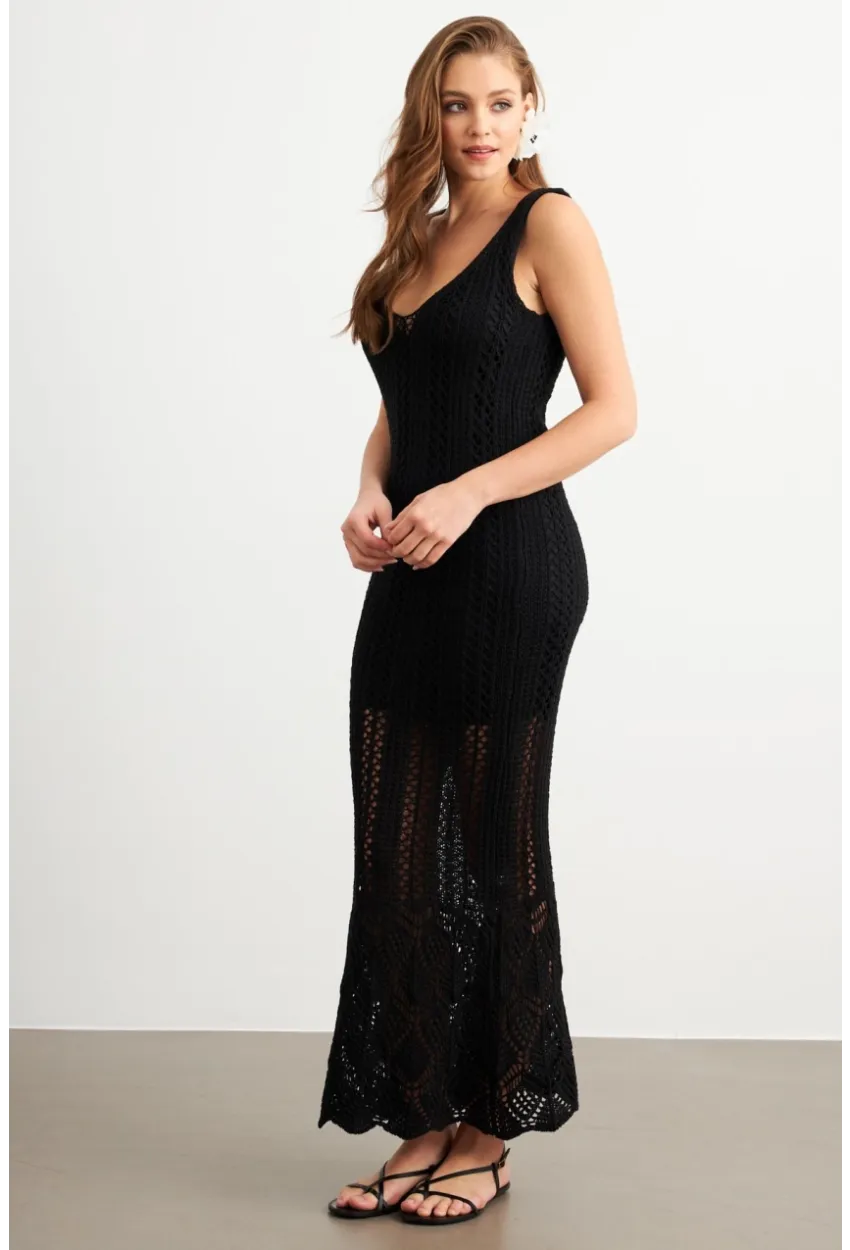Kadın Siyah Astarlı Ajurlu Maxi Elbise MBE15001