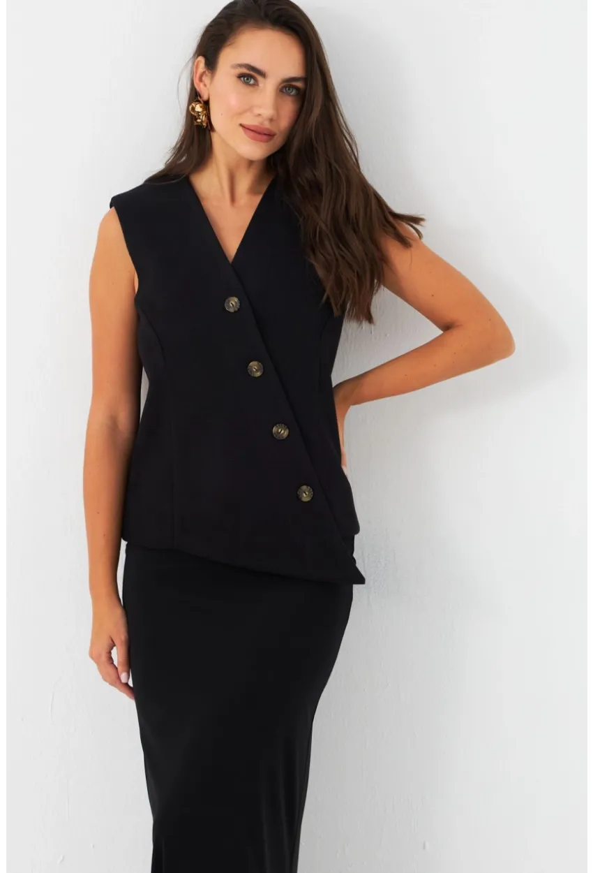 Kadın Siyah Astarlı Asimetrik Yelek RAD50102