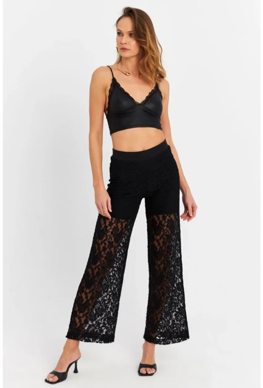 Kadın Siyah Astarlı Dantel Pantolon FLS04