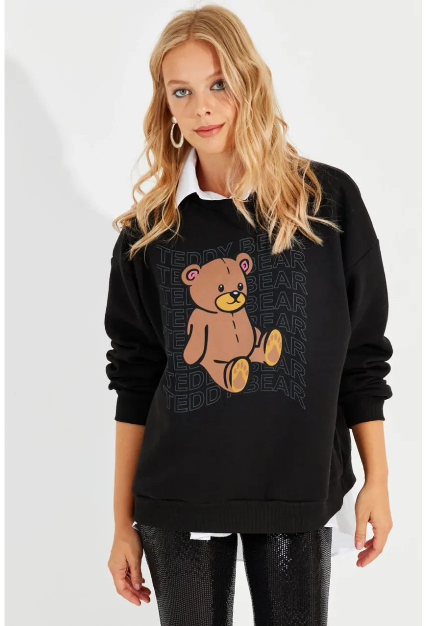 Kadın Siyah Ayıcık Baskılı Sweatshirt ZM288
