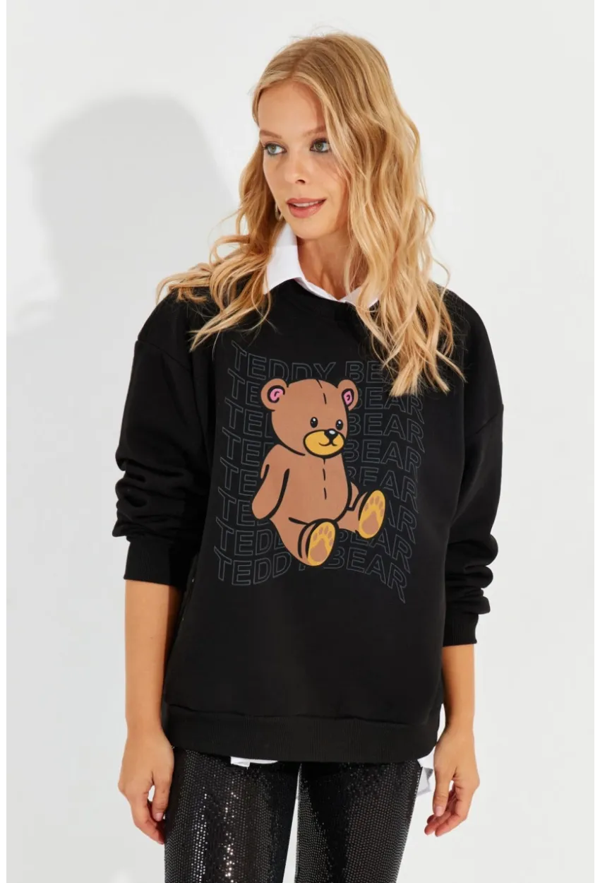 Kadın Siyah Ayıcık Baskılı Sweatshirt ZM288