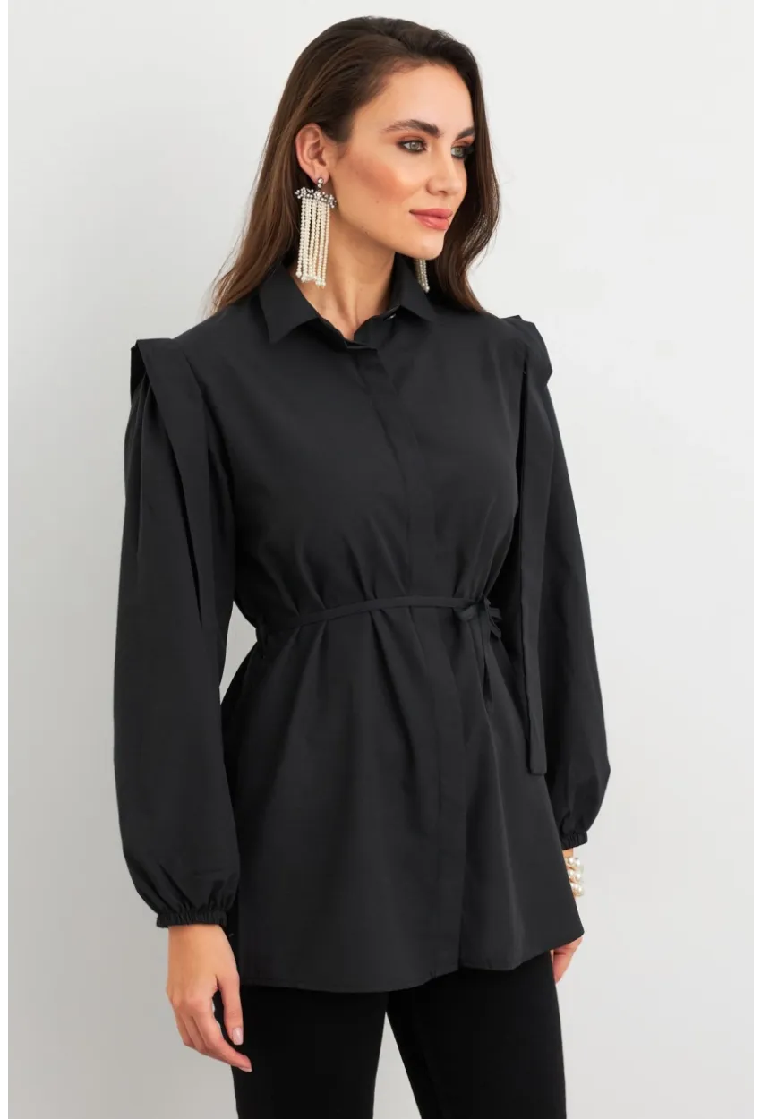 Kadın Siyah Bağlama Detaylı Basic Gömlek MASF185