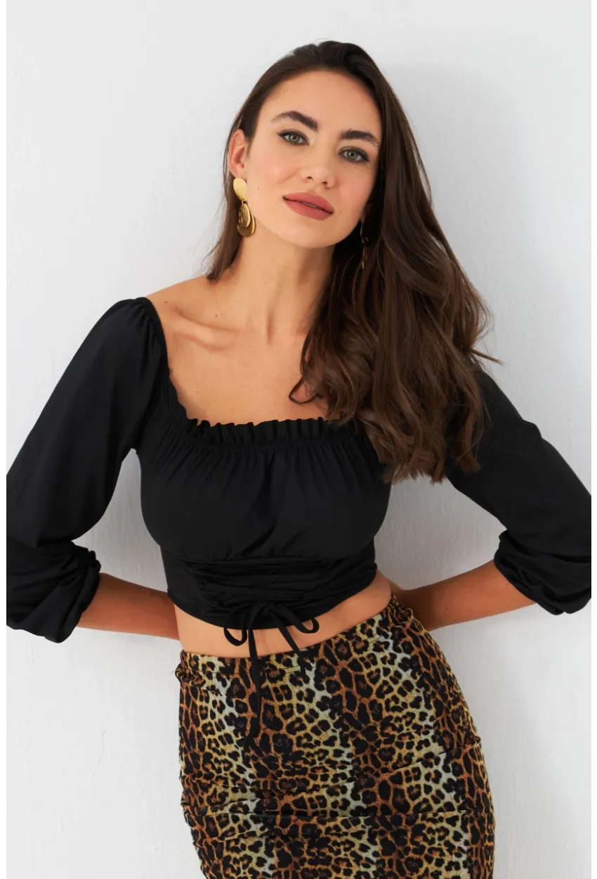 Kadın Siyah Bağlama Detaylı Crop Bluz CG387
